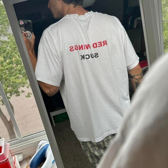 Vintage 90s Y2K Calvin Hobbes Detroit Red Wing NHL Shirt Tee - Picture 2 of 8